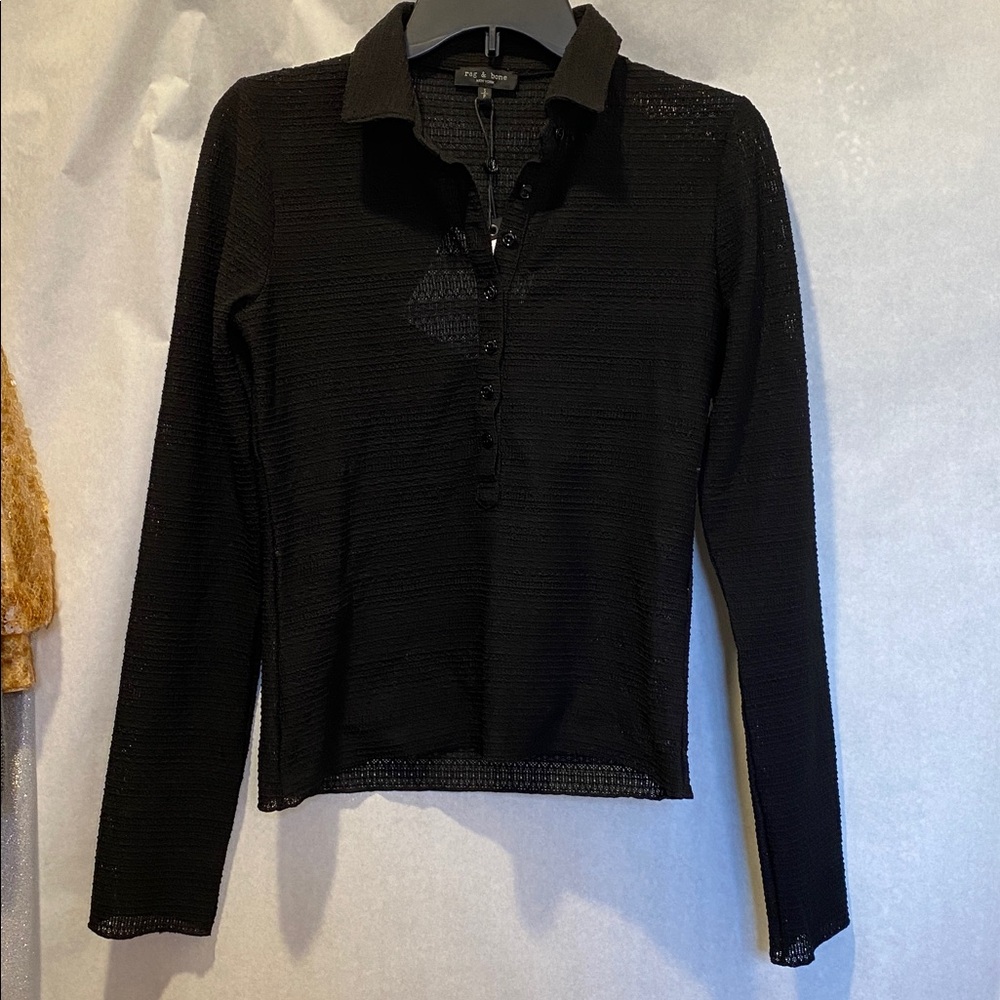 rag & bone Julia Textured Open-Knit Polo Top Black S NWT - Picture 6 of 9